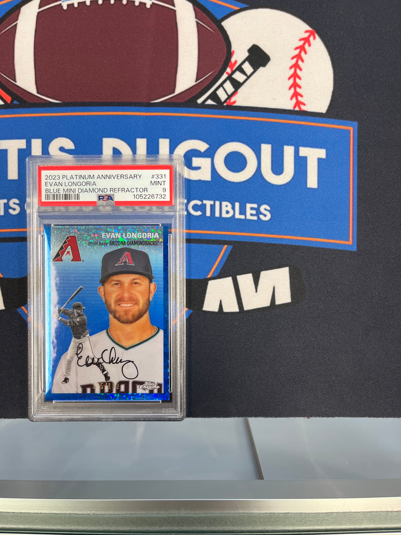 2023 Platinum Anniversary Evan Longoria Blue Mini Diamond Refractor PSA 9