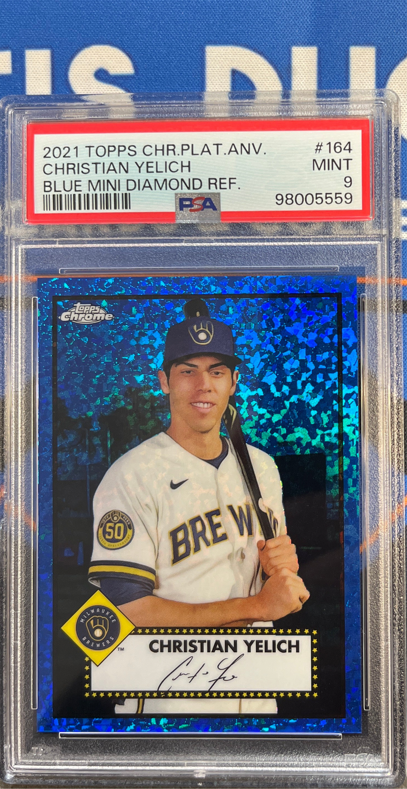 2021 Platinum Anniversary Christian Yelich Blue Mini Diamond Ref PSA 9