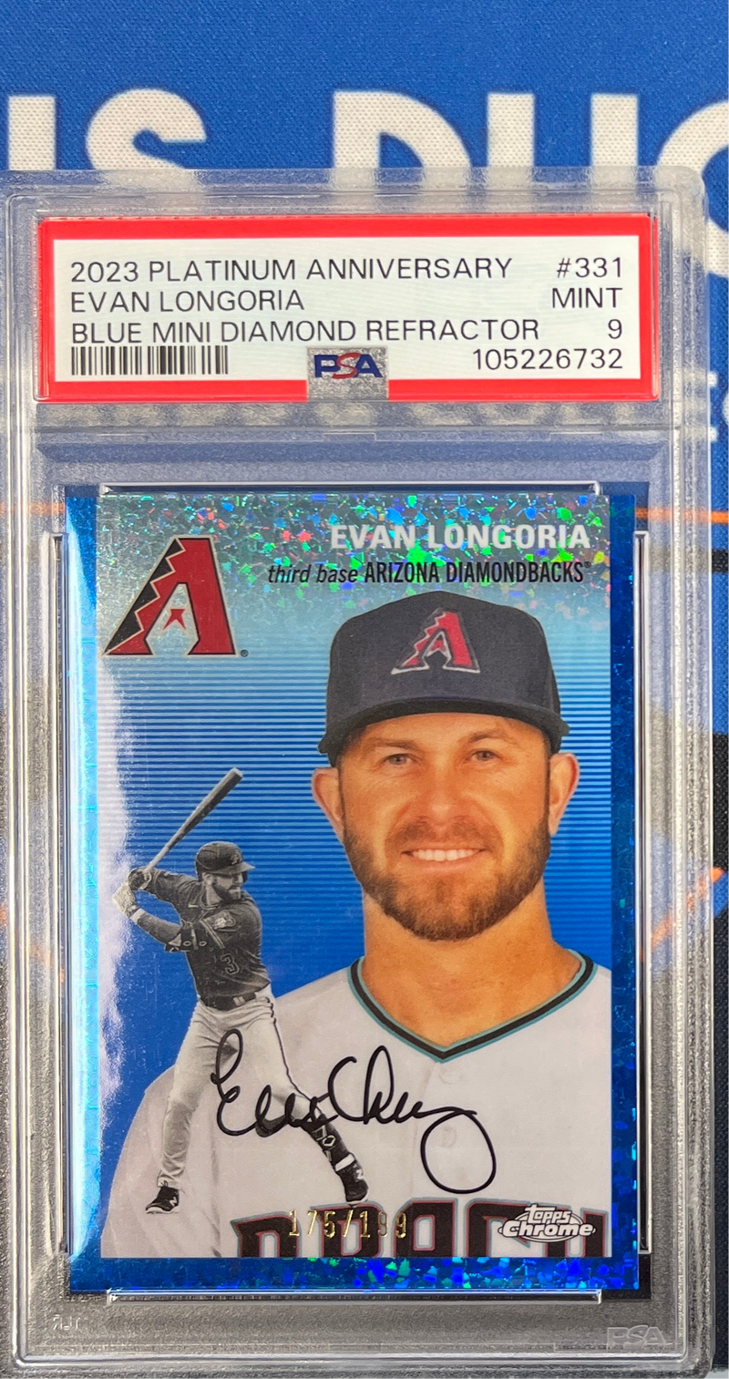 2023 Platinum Anniversary Evan Longoria Blue Mini Diamond Refractor PSA 9
