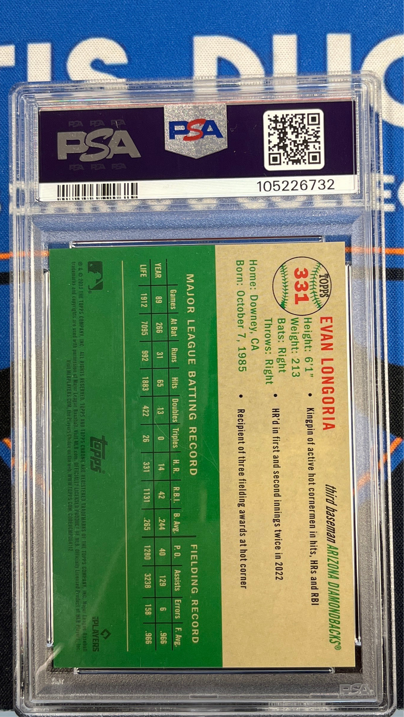 2023 Platinum Anniversary Evan Longoria Blue Mini Diamond Refractor PSA 9