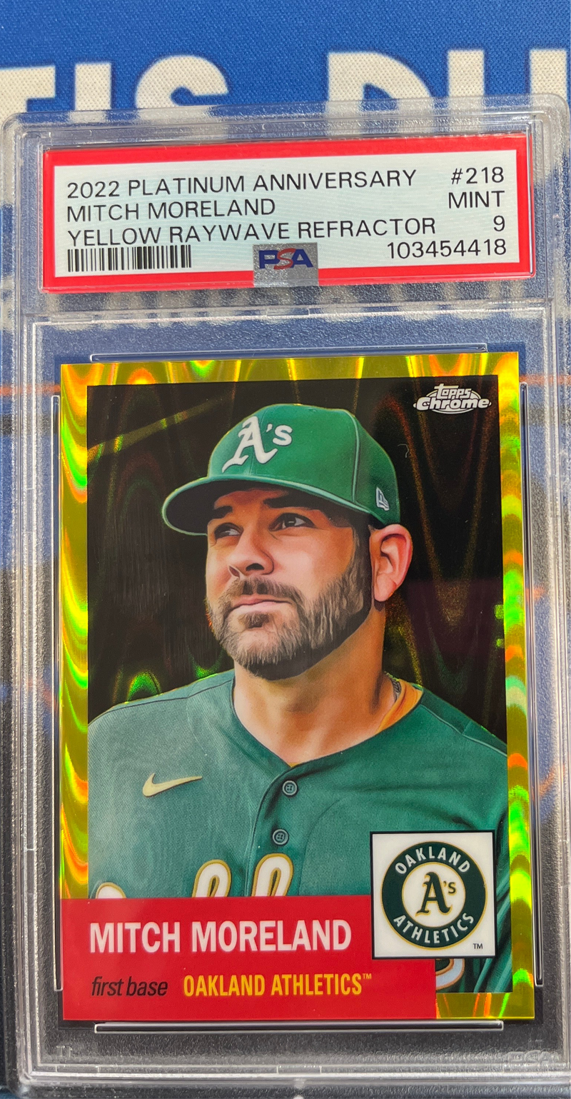 2022 Platinum Anniversary Mitch Moreland Yellow Raywave Refractor PSA 9
