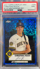 2021 Platinum Anniversary Christian Yelich Blue Mini Diamond Ref PSA 9
