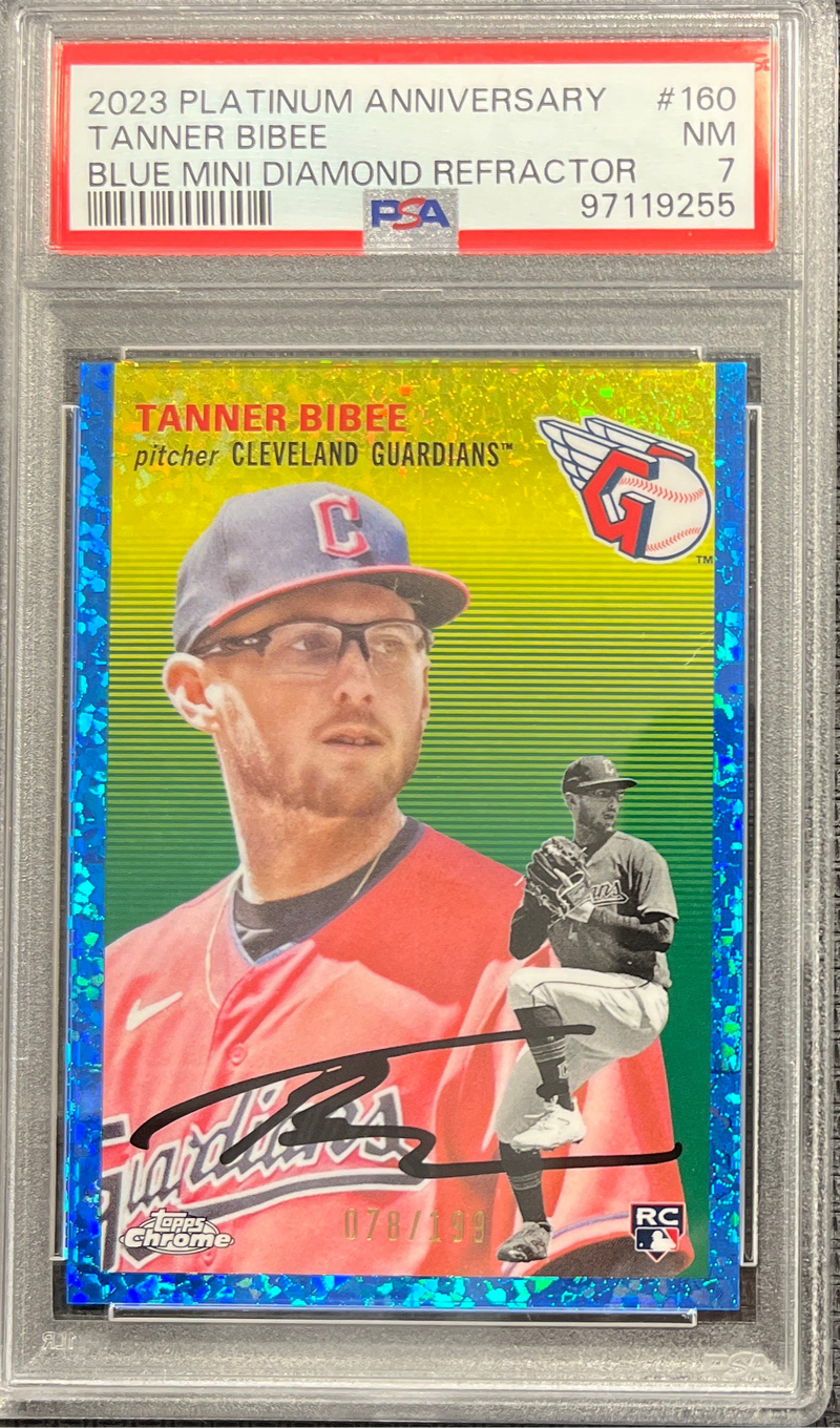 2023 Platinum Anniversary Tanner Bibee Blue Mini Diamond Refractor PSA 7